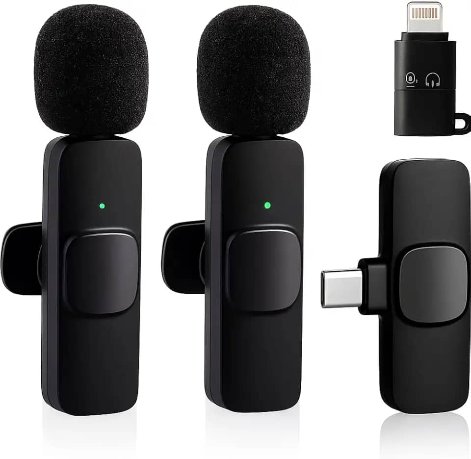 Microfone de Lapela Sem Fio Bluetooth, Kit 2 Microfonones, Abafamento de Ruído Até 10 Horas Tempo de Trabalho Compatível com Camera, iPhone, Android, PC, Android e USB-C - Premium