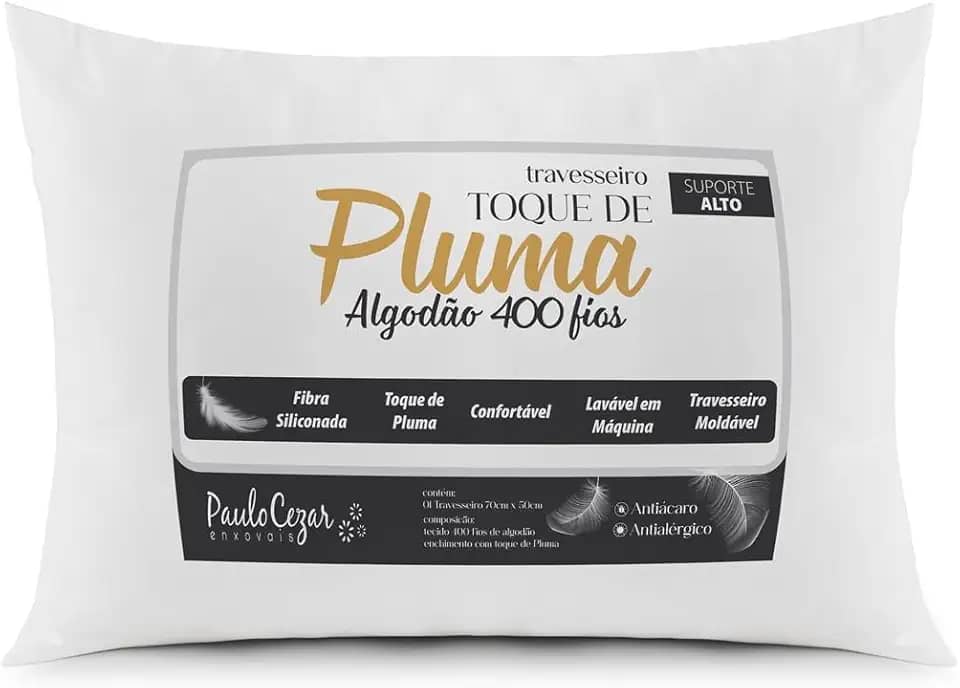 Travesseiro Toque de Pluma Pena Percal 100% Algodão 400 Fios 50x70cm Antiácaro, Antialérgico, Lavável em Máquina