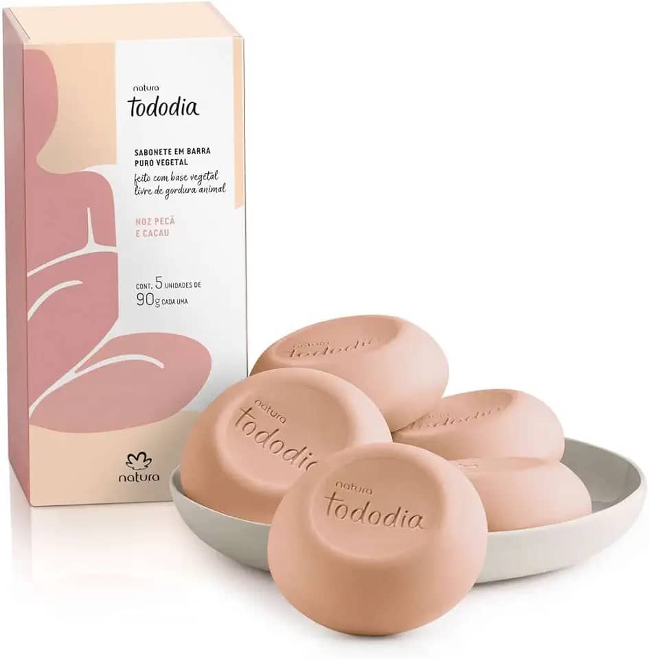 SABONETE EM BARRA PURO VEGETAL NATURA TODO DIA NOZ PECÃ E CACAU CAIXA COM 5 UNIDADES 90g/cada