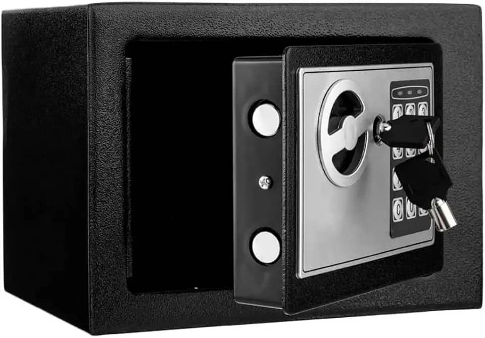 Cofre Digital Eletrônico, Preto, Aço, com Teclado Numérico, Senha e 2 Chaves, para Documentos, Joias, Cartões, Armas e Objetos de Valor, Uso Residencial e Comercial