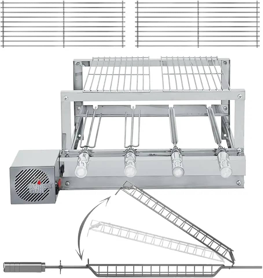 Churrasqueira Grill Inox - Artinox Grill - 4 Espetos Giratórios + 2 Grelhas Móveis + Grelha Giratória Peixe/Frango