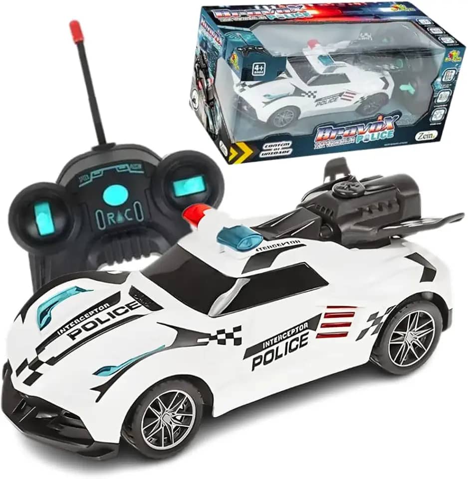 Carrinho Brinquedo Com Controle Remoto que Solta Fumaça e Luzes da Sirene (Branco)