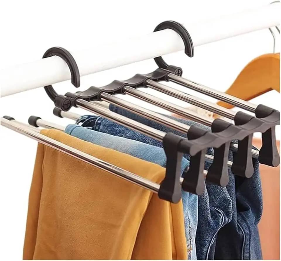 Cabide Para Calça Multiuso Retrátil em Aço Inox para 5 Peças Economiza Espaço Guarda-Roupa Uso Horizontal ou Vertical Organizador para Calças Toalhas Lenços Closet Durável