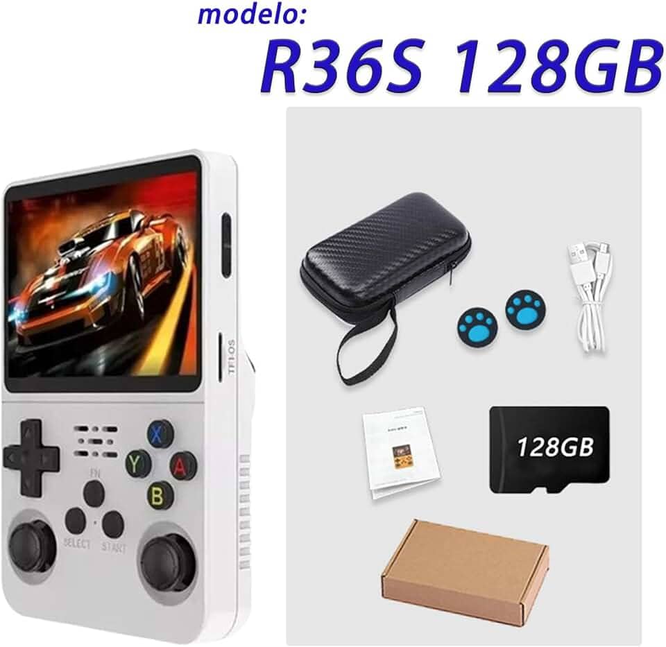 r36s console portatil,é um console de jogos portátil retrô com 128 GB de memória, sistema operacional Arkos 2.0, 1 GB de RAM e mais de 39.000 jogos de outros consoles integrados ,Console de jogos retrô(Branco)