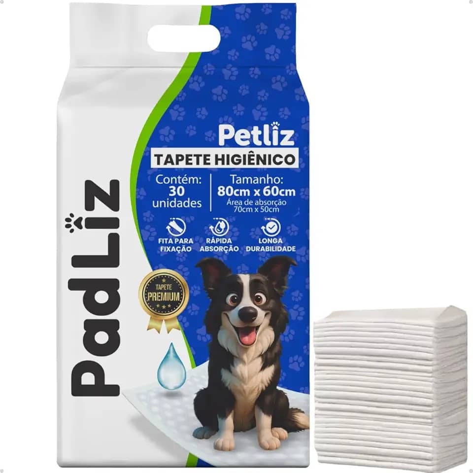 Tapete Higiênico para Cachorro Padliz 80cm x 60cm 30 Unidades Sanitário Super Absorvente Antivazamento Alta Absorção Descartável Premium Atrativo Petliz