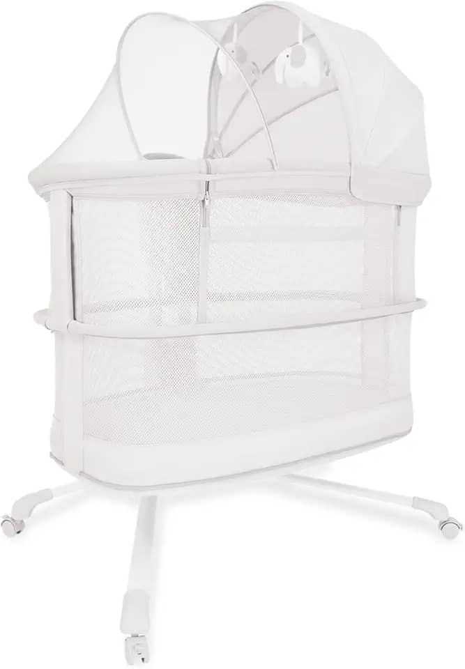 Mastela Berço Móvel Automático, 3 Alturas, Cinza Claro, com Balanço e Controle por App, Base com Rodas