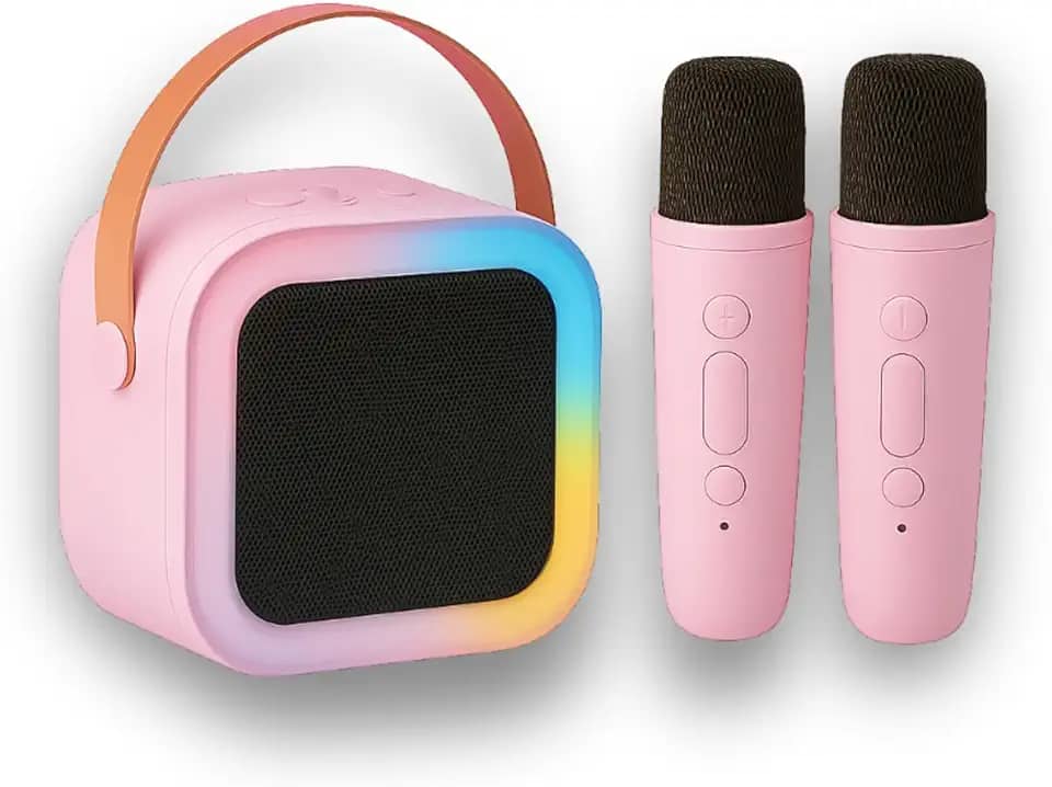 Karaokê Infantil Portátil com LED, Caixa de Som Bluetooth, 2 Microfones Sem Fio, Recarregável, Modos de Voz Divertidos (Rosa)