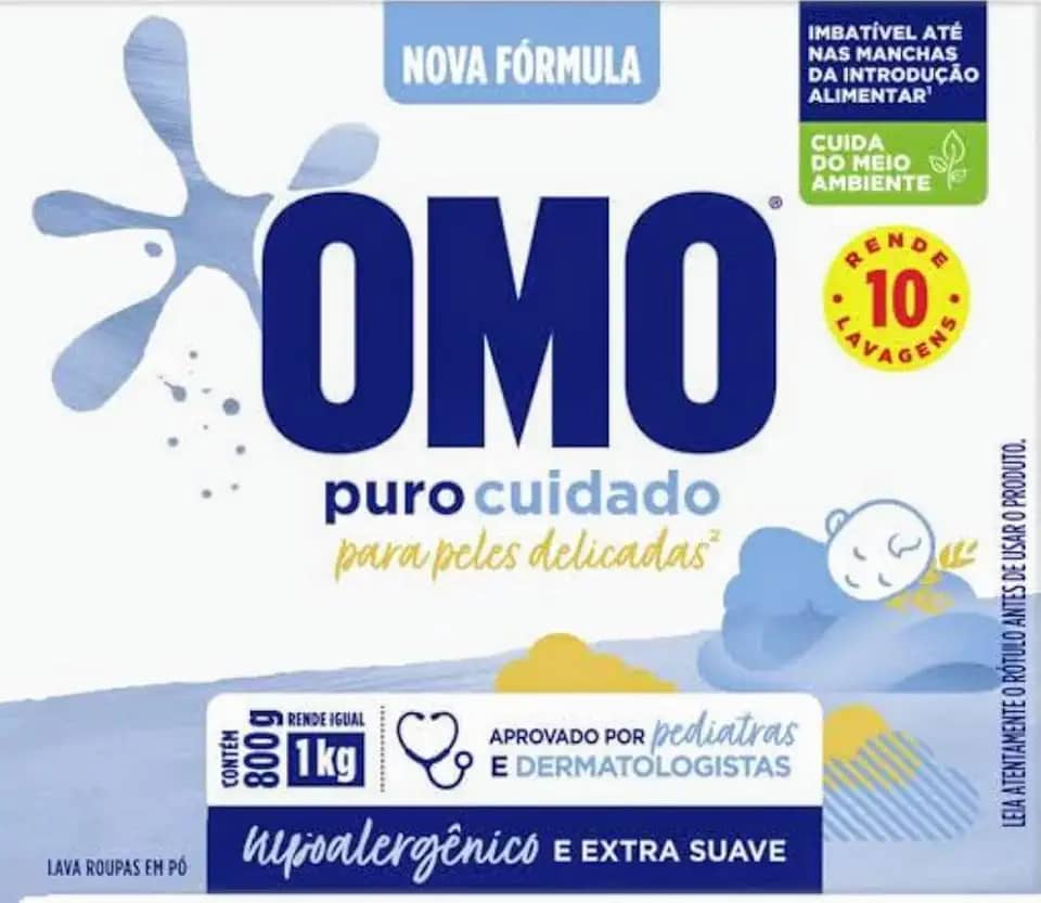 Sabão em Pó Omo Puro Cuidado, Sabão em Pó para Roupas Delicadas, Hipoalergênico, Extra Suave, Nova Fórmula, 800g