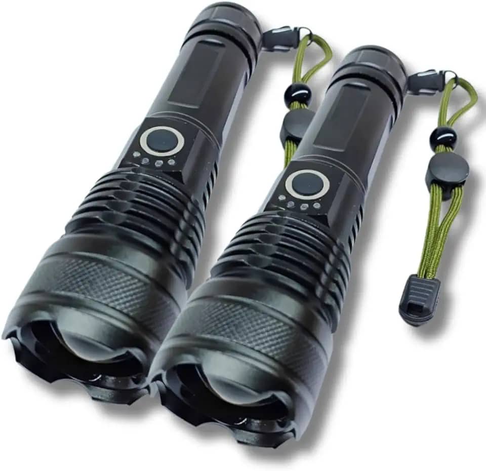 Kit 2 Lanterna Tática Militar Super Potente LED Recarregável USB com Zoom Longo Alcance para Trilhas, Sitio, Fazenda, Vigilante