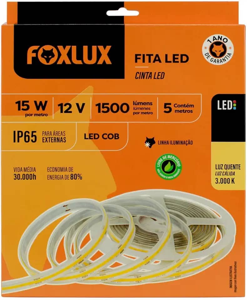 Fita LED Foxlux – COB - 15W – 12V – 3000K – 5m – LP65