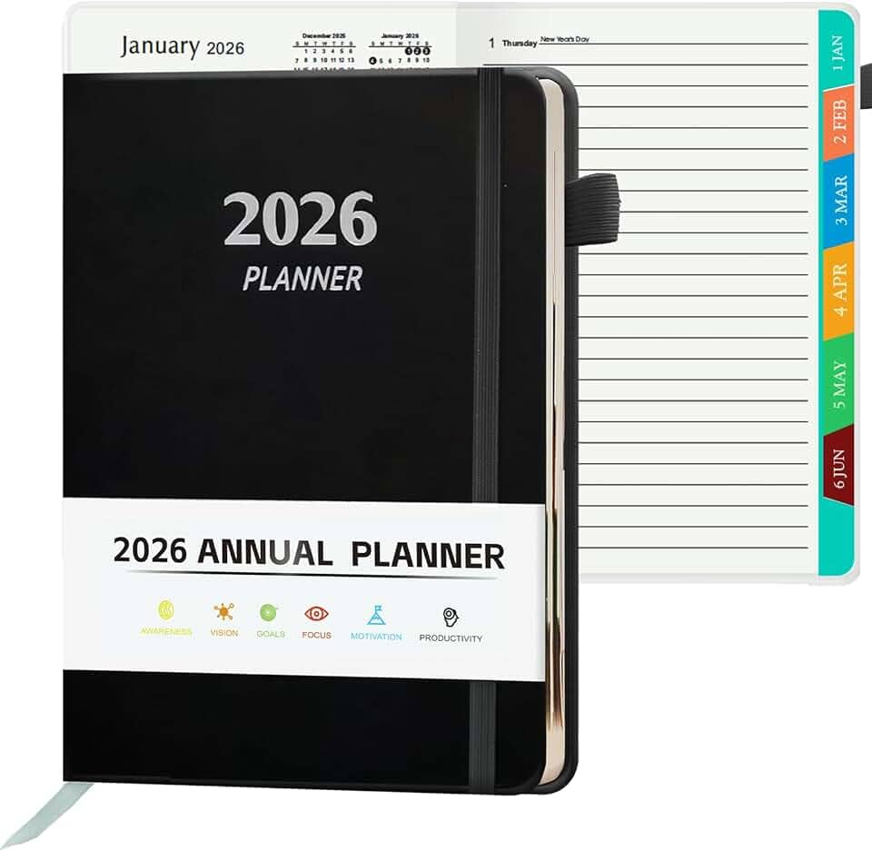 Agenda 2026, agenda A5 (14,2 cm x 21,6 cm) 2026 janeiro a dezembro, abas mensais/semanais/diárias com contatos e feriados, capa de couro PU e papel de 100 g/m², organizador para material escolar e