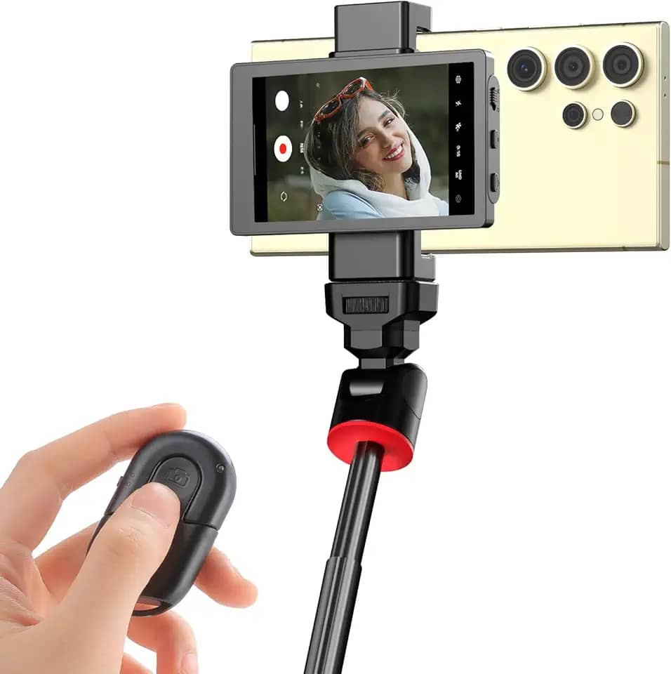 Tela para celular King Ma para vlog e selfie, para Samsung/iPhone, sincronize a câmera traseira usando o clipe magnético para celular e controle remoto Bluetooth para filmagens (Samsung)