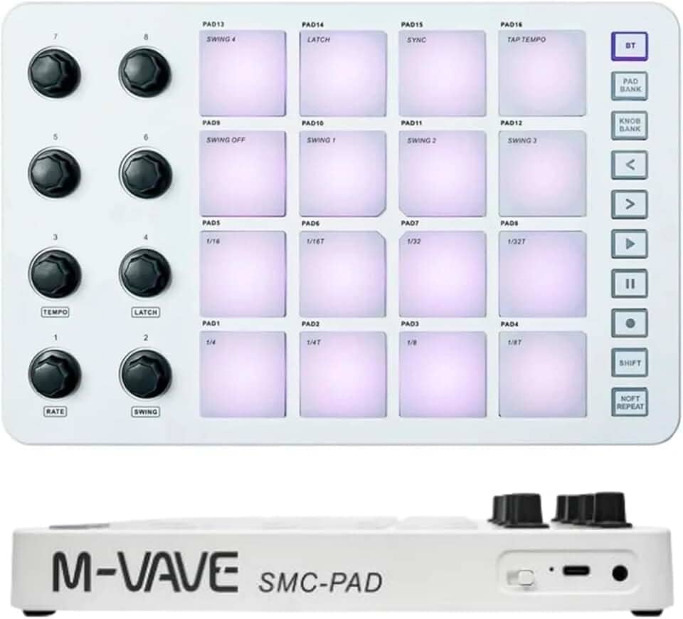 Controlador MIDI SMC-PAD M-VAVE, 16 Almofadas Sensíveis à Velocidade RGB, 8 Botões Atribuíveis, Conexão USB-C Bateria Recarregável sem fio suporta a maioria das conexões PC telefone celular CUVAVE