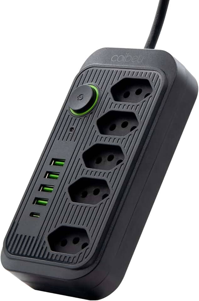 Extensão Tomada, Régua Tomada, Régua de Energia, 5 Tomadas, 4 Interfaces USB, 1 Porta USB Tipo-C, Cabo de Alimentação de 1,9 metros, Suporte a Tensão de 110-220V, Potência de 2500W (Preto)