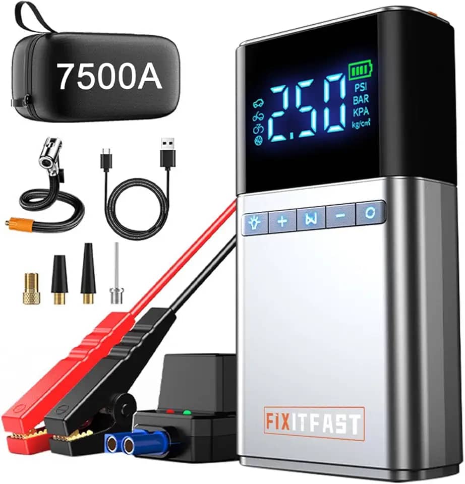 7500A Jump Starter Portátil para Carro com Compressor de Ar de 150 PSI, Lanterna LED e Carregamento Rápido USB,Para Motocicletas, SUVs, e outros, Bateria externa e emergências