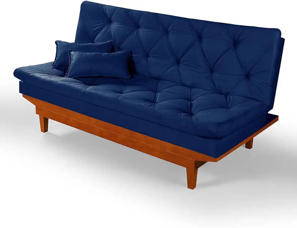 Sofa Cama Caribe 3 Posições Base de Madeira Suede Essencial Estofados (Azul Marinho)