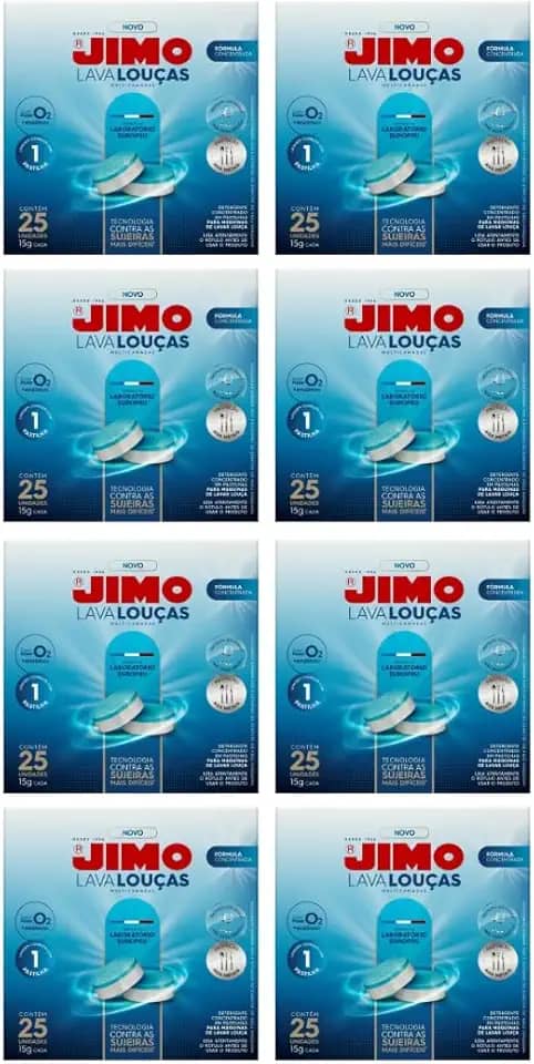JIMO Linha Completa para Lava-Louças - Lava Louças, Lava Máquinas, Abrilhantador, Pastilhas, Gel, Limpeza Profunda, Brilho Intenso e Proteção (8, 25 Pastilhas)