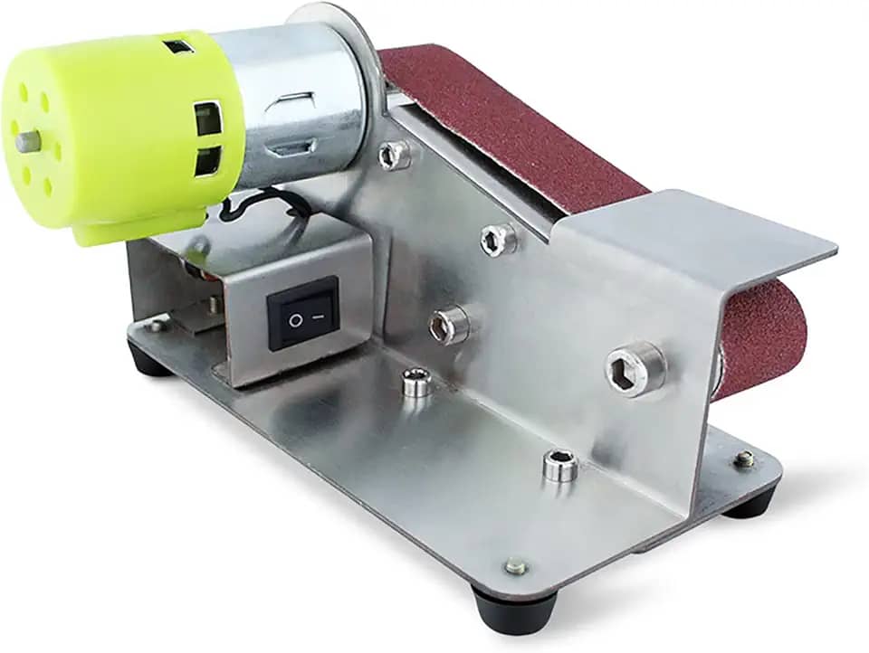 Mini lixadeira de cinto, lixadeira de cinto, lixadeira DIY de 7 velocidades variáveis, máquina de cinto abrasivo de ângulo fixo de 15° para artesanato em madeira, moagem de pedra de metal