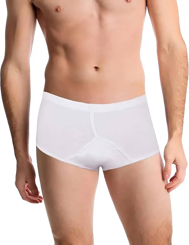 Roupa íntima para incontinência masculina. Estilo Y branco que é ajustado e discreto. Tecido de alta tecnologia e travas de corte moderno na incontinência urinária. A solução simples perfeita para uma idade de idade (pequena)