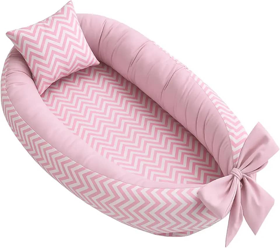 Ninho redutor de berço bebê percal 100% algodão + Almofada Anatomica Estampada Unissex (Chevron Rosa)