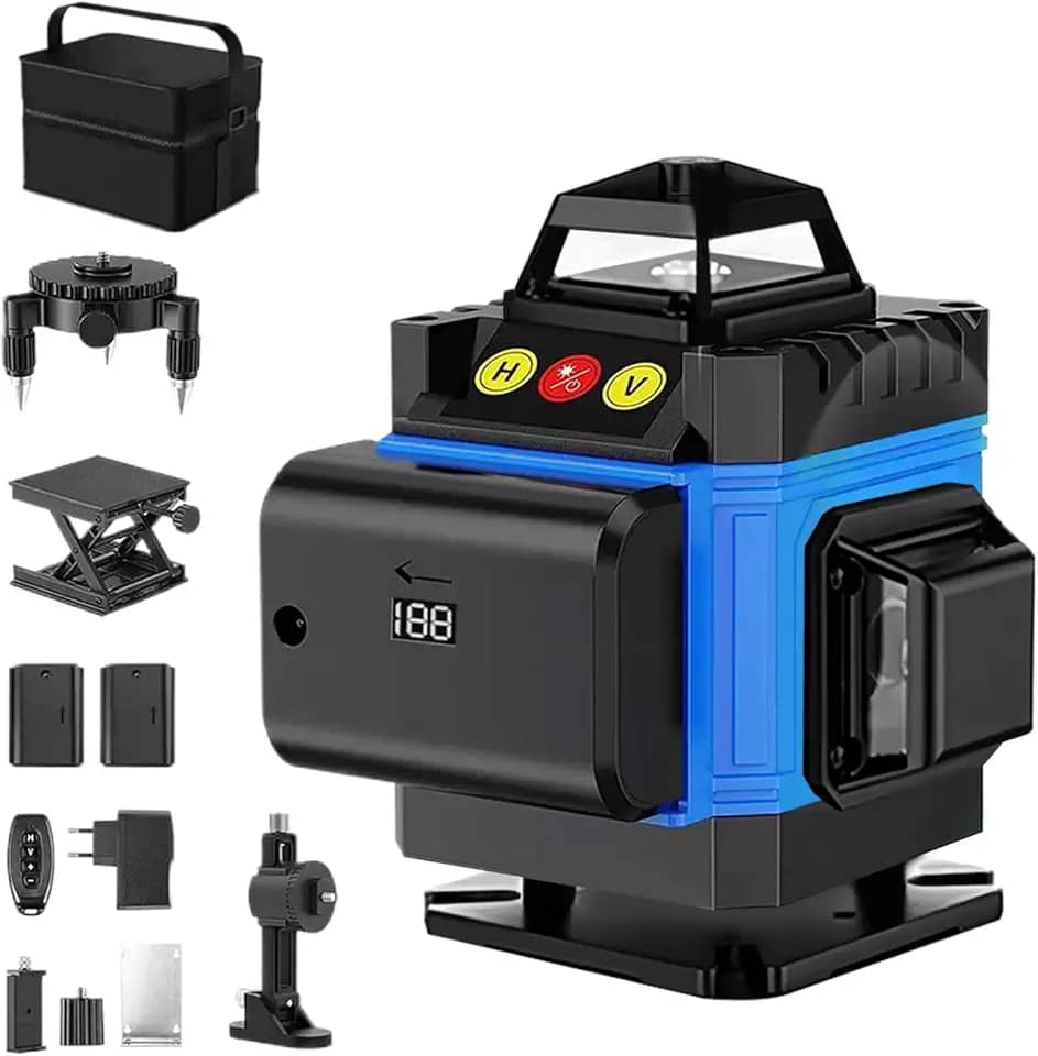 Nível Laser Verde 4D - Nível a Laser de Feixe Verde 4x360 Graus, 16 Linhas, 2 Baterias Recarregáveis, Autonivelante, Controle Remoto - Ideal para Decoração, Construção e DIY(100-240V)