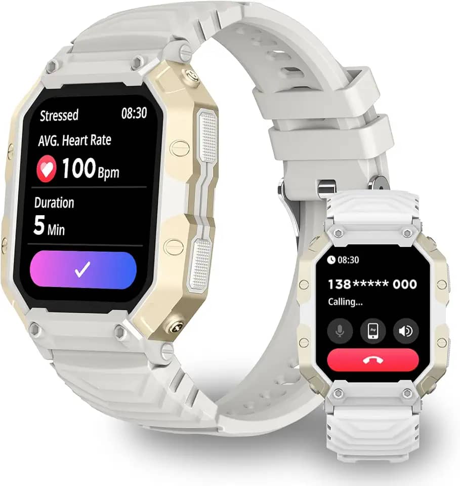 PEJE Smartwatch militar masculino com tela de 1,83 polegada, suporte a chamadas telefônicas, monitoramento de condicionamento físico, cardíaca e sono, compatível com iOS/Android.(Branco)