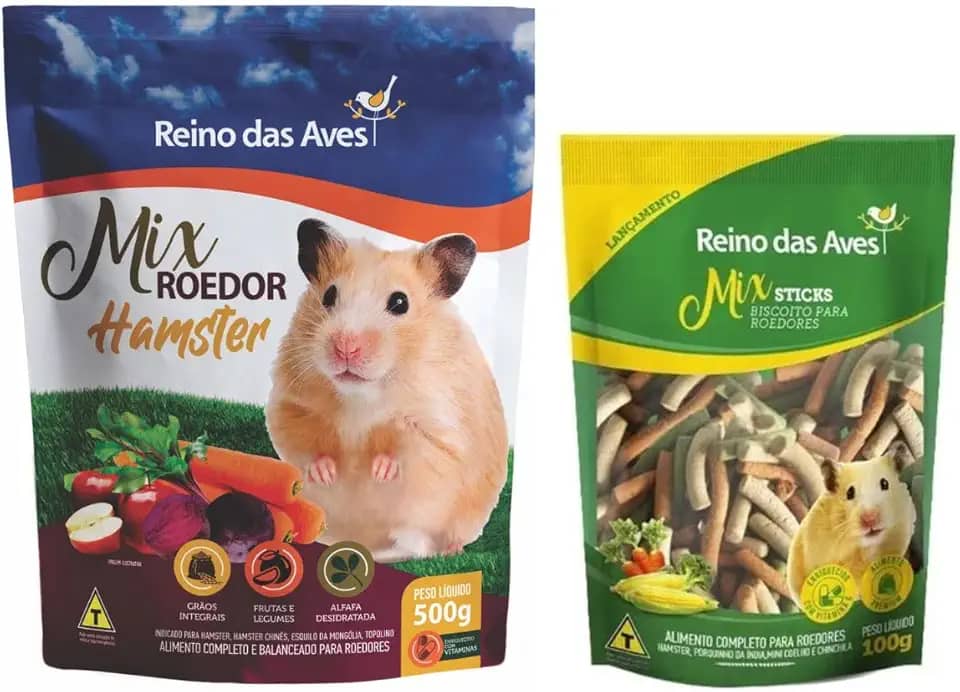 Mix Roedor Hamster 500g + Stick Biscoito Para Roedores 100g - Reino das Aves