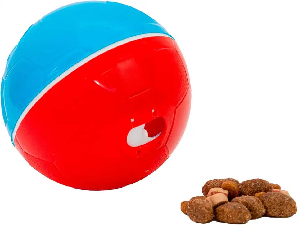 AMICUS - Bolinha de Petiscos para Cães Crazy Ball - Bola com Compartimento para Petiscos de Cachorro, Brinquedo Interativo para Bicho de Estimação, Lazer para Pets - Ajustável - Vermelho e Azul, 100g