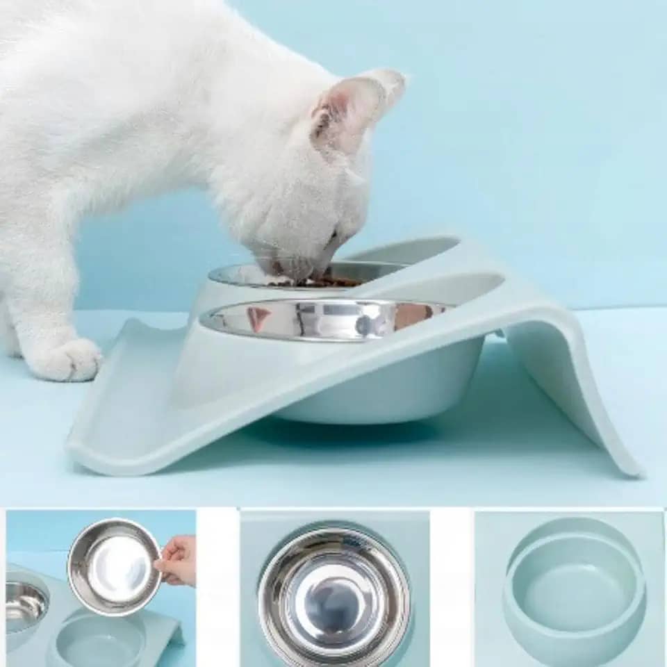 Comedouro Duplo elevado Para Pet Gatos E Cães Pequenos Tigelas Inox Bebedouro Filhotes (Azul)