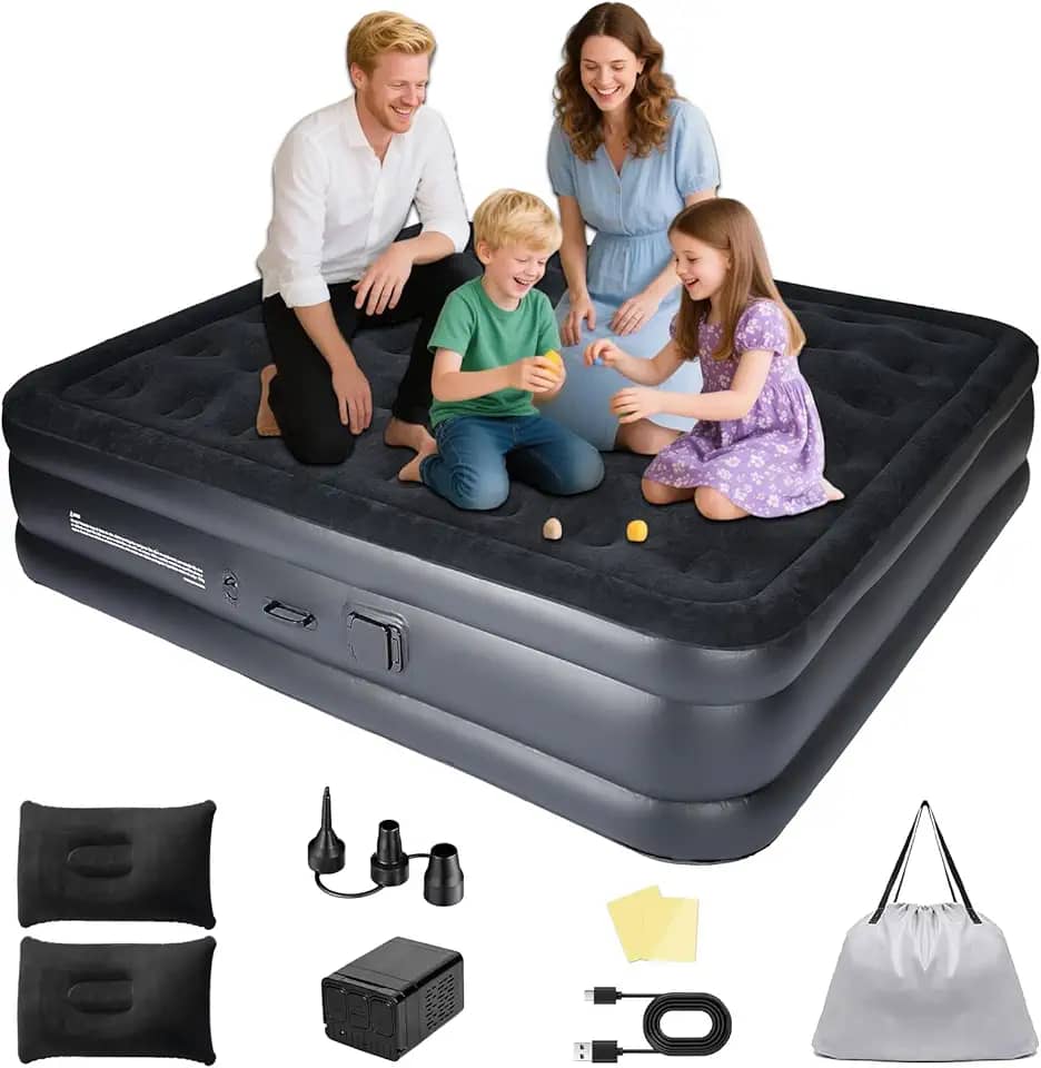 Colchão Inflável Casal Automático com Bomba 40W - Até 350kg,205x180x40cm,Suporte Firme 48 Espirais,4 Camadas Antifuro,Superfície Flanelada,Inclui Travesseiros - Ideal para Camping,Praia,Casa e Jardim