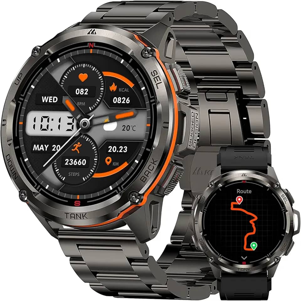 KOSPET Tank T3 Ultra Smartwatch, 50M à prova de água, GPS, bússola, pressão do ar, altitude, aço inoxidável completo, chamada Bluetooth, ecrã AMOLED sempre activo de 1,43'', voz AI Banda de Metal