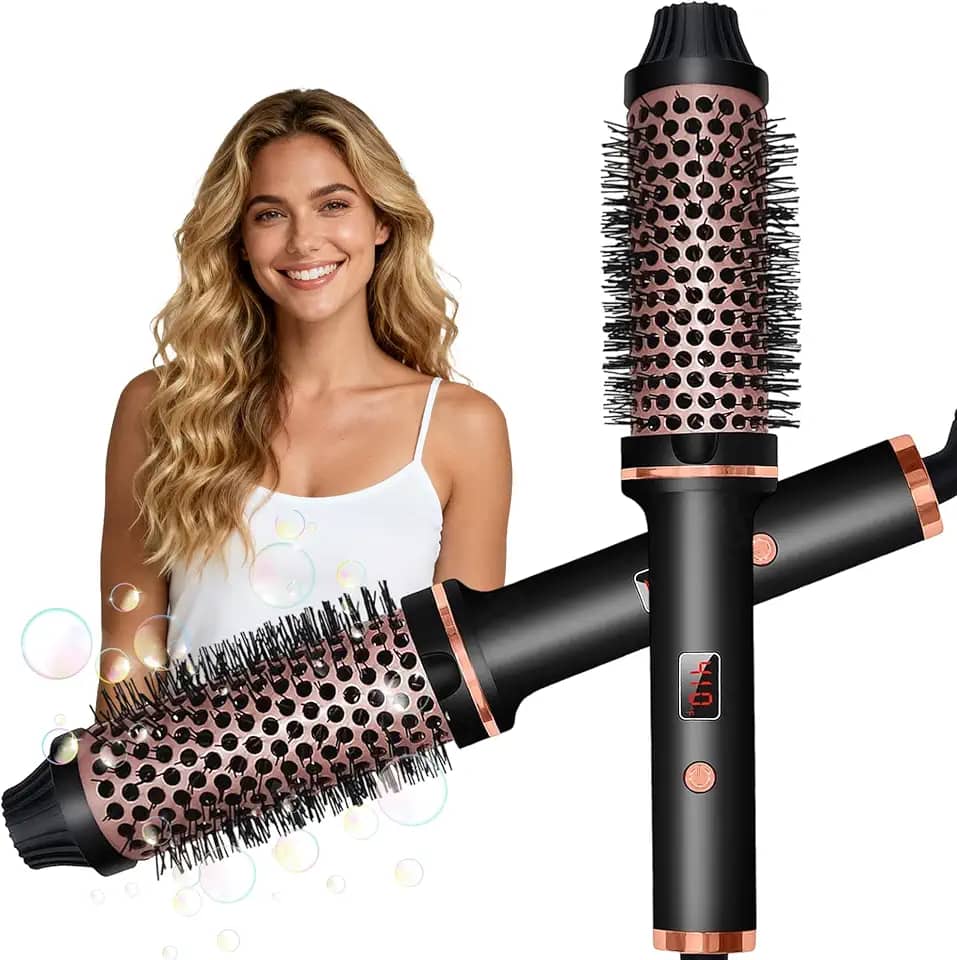 Escova de cachos quente, escova redonda aquecida dupla PTC de 3,8 cm para cabelos cacheados e alisados, controle de temperatura múltiplo, modelador de ar quente 3 em 1 e escova rotativa para viagens