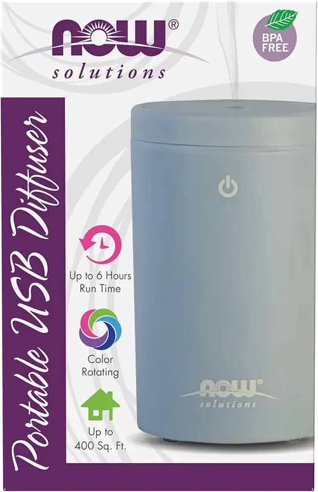 NOW Foods Óleos essenciais, difusor de óleo ultrassônico portátil USB para aromaterapia, extremamente silencioso e livre de calor, difusor adequado para viagens