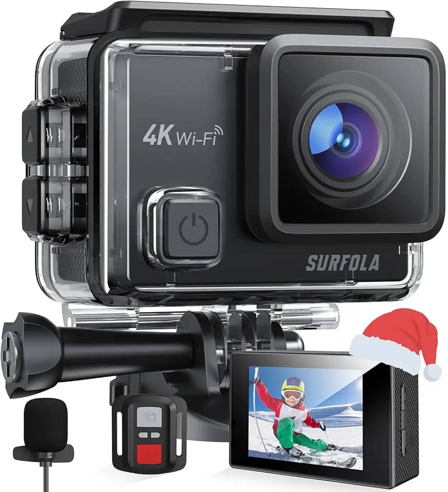 Surfola Câmera De Ação 4K 30Fps, À Prova D'Água Para Mergulho Com Snorkel, Wi-Fi Eis 20Mp Vlogs, Microfone Externo, 2 Baterias Recarregáveis