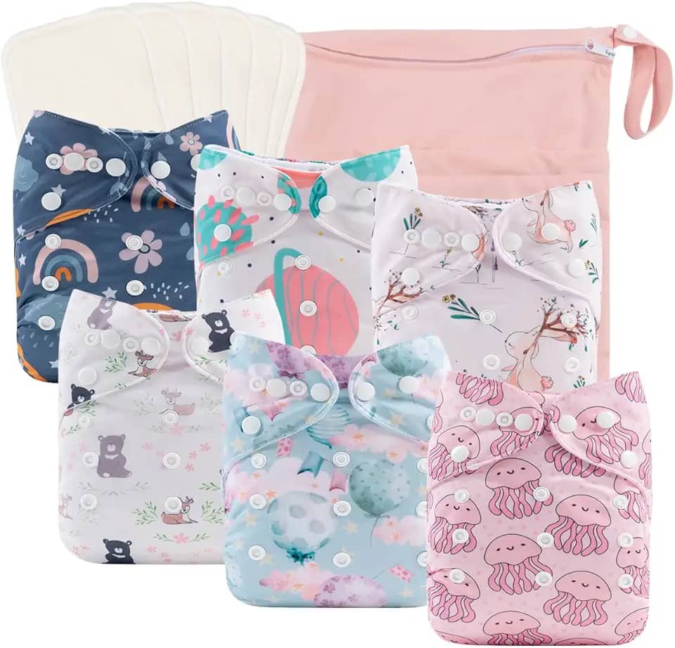 babygoal Fraldas de pano reutilizáveis, pacote com 6 + 6 peças de rayon de inserções de bambu + bolsa úmida, tamanho único, capas de fraldas laváveis ajustáveis para bebês meninas e meninos 6FG38