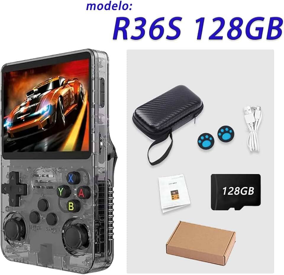 r36s console portatil,128GB Cartão de memória TF, sistema Arkos 2.0, 1GB de RAM e mais de 39.000 jogos de outros consoles integrados,games e consoles,Compatível com diversos emuladores, incluindo N64/PSP/PS1/GBA.Console de videogame retrô (preto)