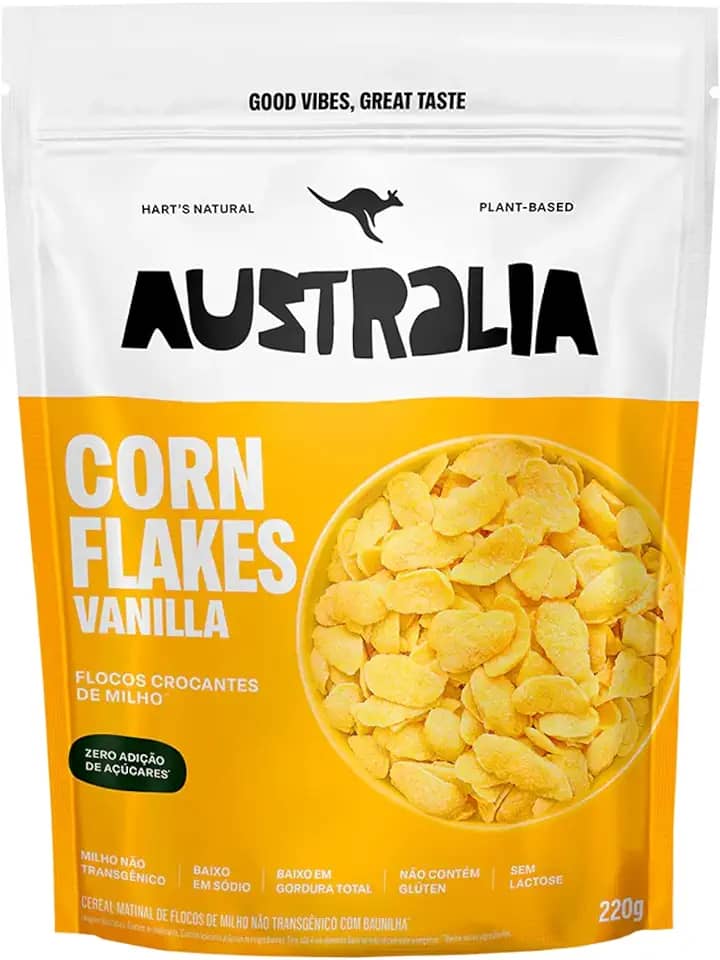 Hart's Natural Cereal Matinal Cornflakes Australia, Sem Adição de Açucar, Sem Glúten, Sem Lactose, Vegano, 100% Natural, Alto em Fibras, 220g