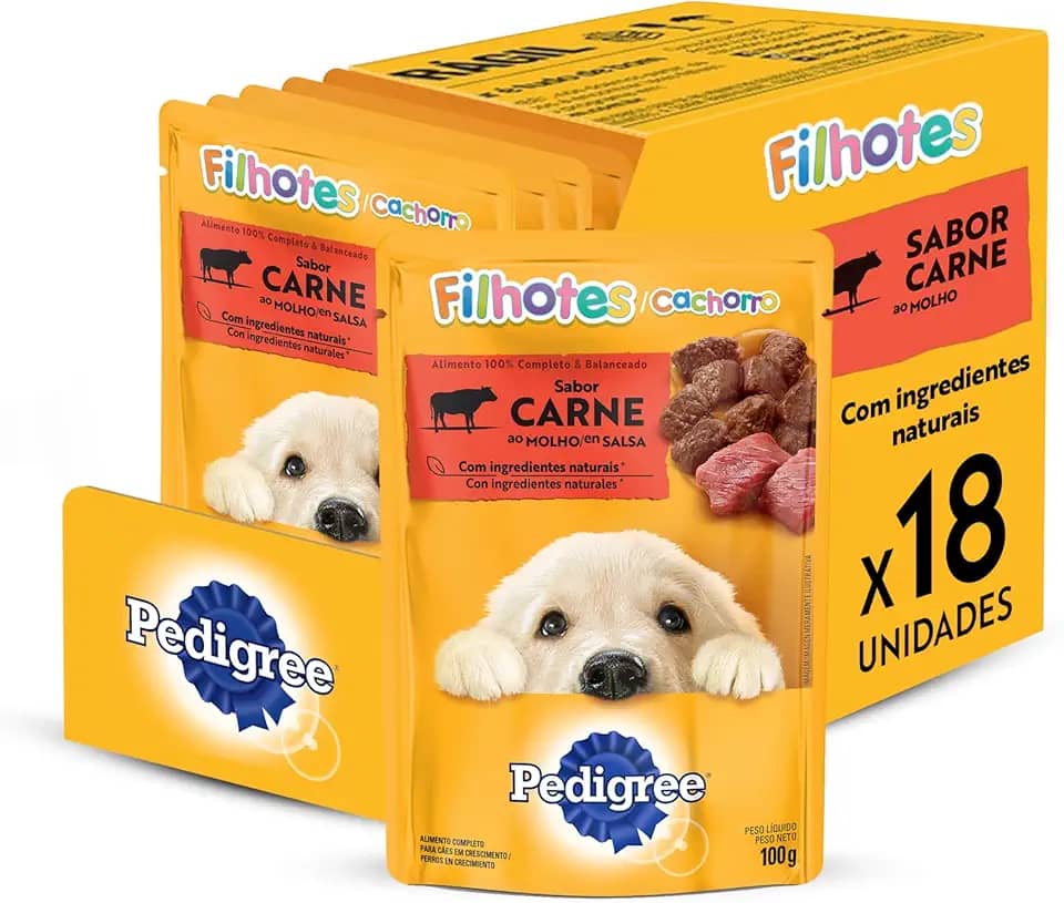 Pack Ração Úmida Pedigree para Cachorros Filhotes, Sachê Carne, 100g - 18 unidades