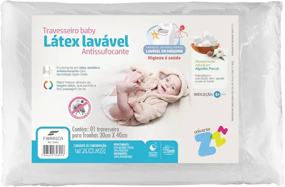 Travesseiro para Bebê Látex Lavável- Capa em Percal 180 frios - Integralmente lavável em máquina - P/fronhas 30x40cm - Fibrasca
