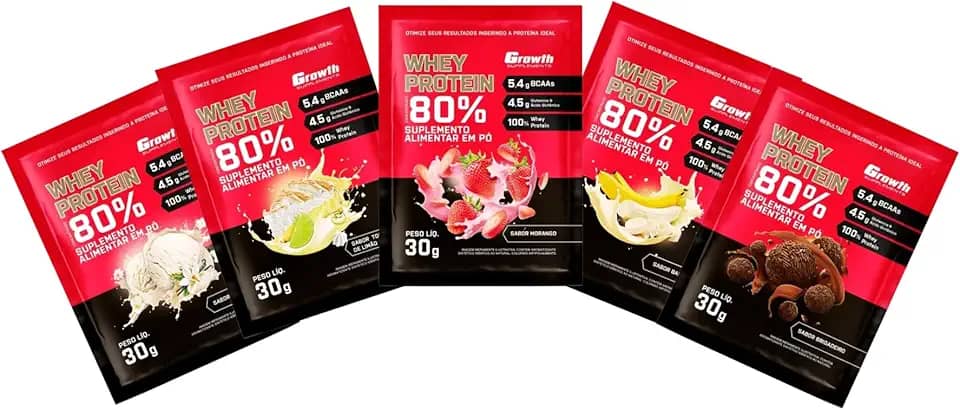 Combo - Whey Protein Concentrado 30g - 5 Sachês (Morango, Banana, Baunilha, Torta de Limão e Brigadeiro) - Growth