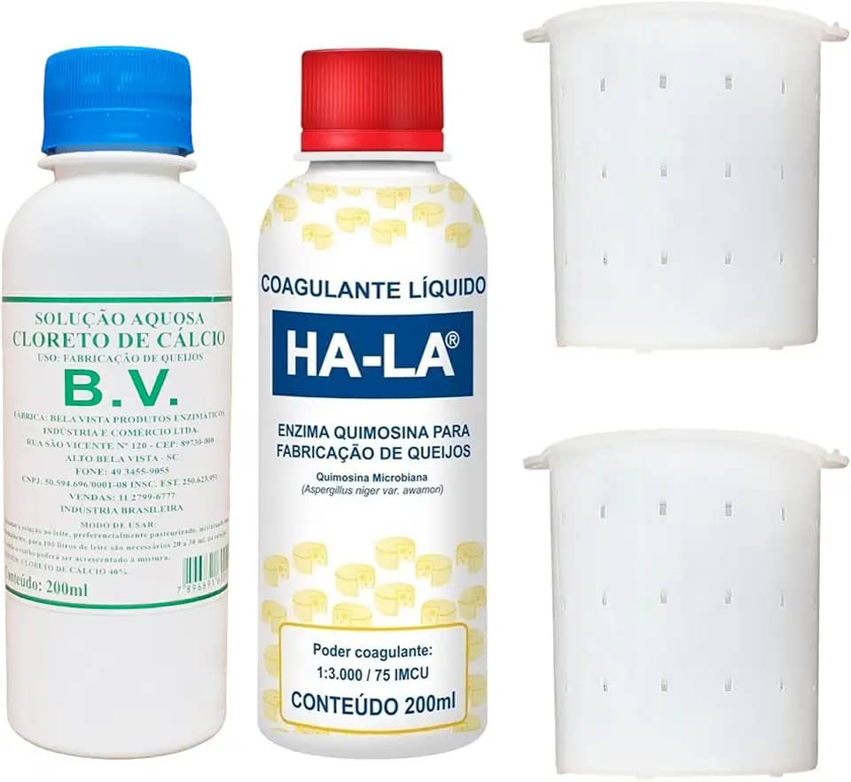 Kit Coalho Líquido Ha-la Coagulante + Cloreto de Cálcio BV + 2 Formas Queijo Minas Frescal 500g Fazer Queijo Caseiro