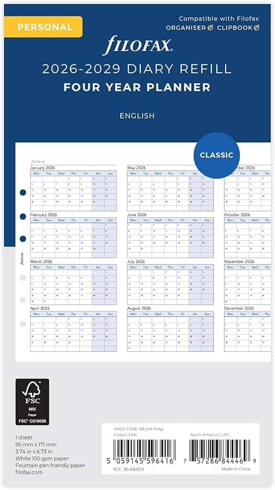 Filofax Agenda vertical pessoal de quatro anos 2026-2029 26-68403
