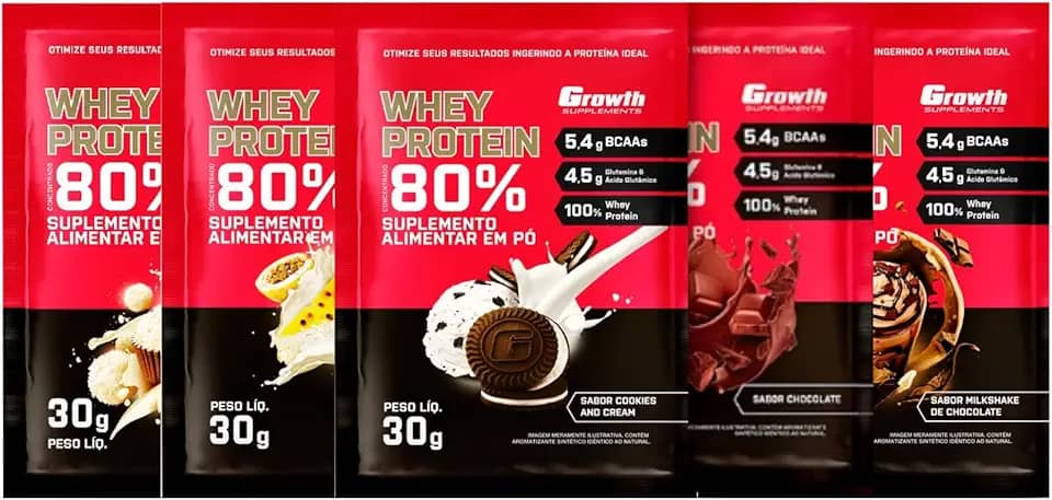 Combo - Whey Protein Concentrado 30g - 5 Sachês (Chocolate, Beijinho, Cokies and Cream, Mousse de Maracujá e Milkshake de Chocolate) - Growth