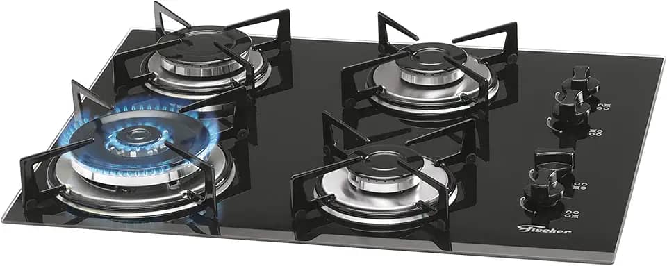 FISCHER COOKTOP À GÁS 4 BOCAS TRIPLA CHAMA MESA VIDRO PRETO BIVOLT - 9788-12916