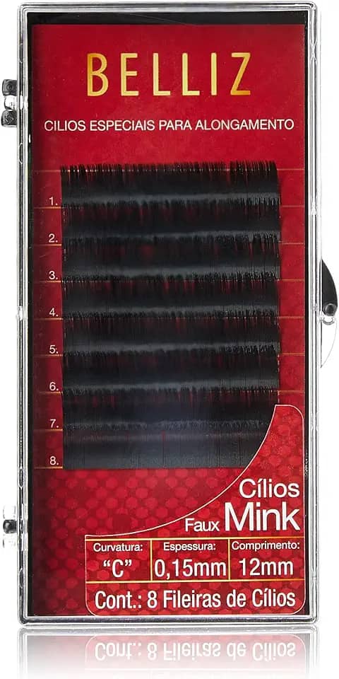 Cílios para Alongamento Mink Curvatura C, Preto, 0.15 x 12 mm, Beliz