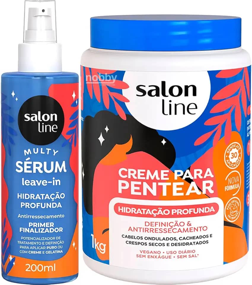 Salon Line Kit Hidratação Profunda, Creme para Pentear 1kg + Sérum Leave-in 200ml, para Cabelos Cacheados e Crespos