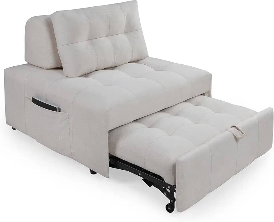 Puff Cama Cozy Retratil se Transforma em Sofá Cama Solteiro Multiuso 3 Em 1 Sala/Quarto Revestimento em Bouclê Cor Cru Casa Imperial