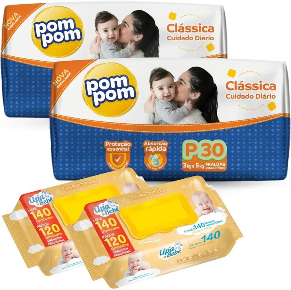 Kit 02 Pacotes Fraldas Descartáveis PomPom P M G XG + 280un Lenços Toalhas Umedecidos para Bebê UPA (Pequeno)