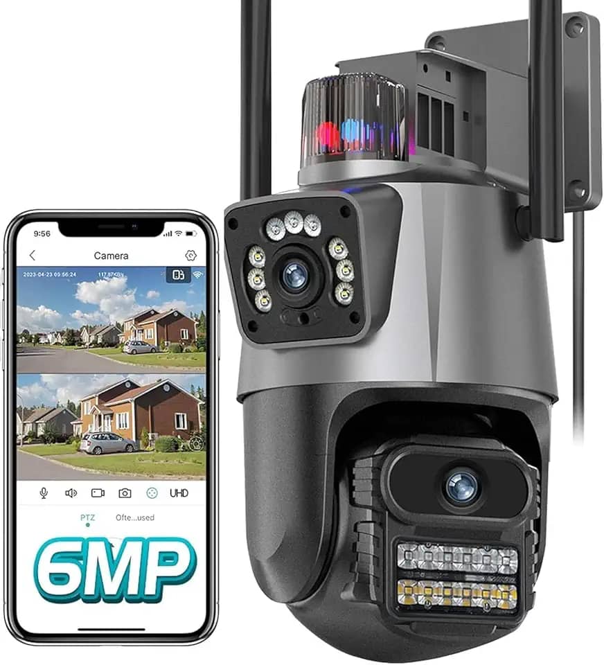 Câmera de Segurança Wi-Fi Externa 4K com Dupla Lente e Tela Dividida, Visão Noturna Infravermelha, Sirene, Luz de Alerta, IP66 à Prova d’Água e Poeira – Vigilância 24h para Ambientes Externos