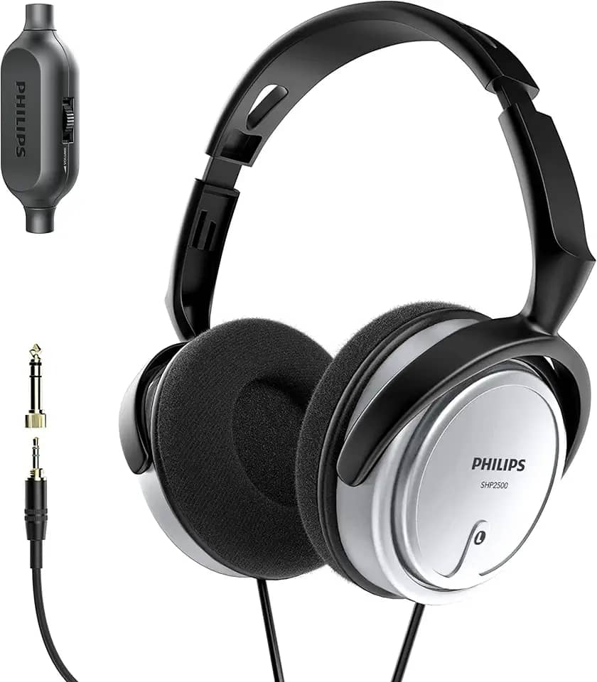 PHILIPS Fones de ouvido estéreo com fio Over Ear para Podcasts, fone de ouvido de monitoramento e gravação de estúdio para computador, teclado e guitarra com adaptador de adição de 6,3 mm (1/4") prata
